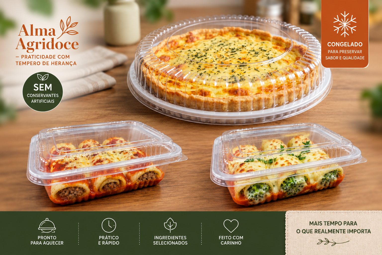 Alma Agridoce, praticidade com tempero de herança: quiche quatro queijos, panqueca de carne e panqueca de brócolis congeladas, sem conservantes artificiais e prontas para aquecer.